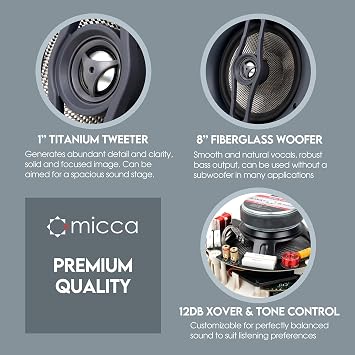 Micca R-8C Reference 8-Inch 2-Way in-Ceiling Speaker, Round, Each, White | 9.5-Inch Cutout, Home Theater, 8 Carbon-Glass Woofer and 1 Aimable Aluminum-Dome Tweeter, Tone Controls, Low Profile Grille