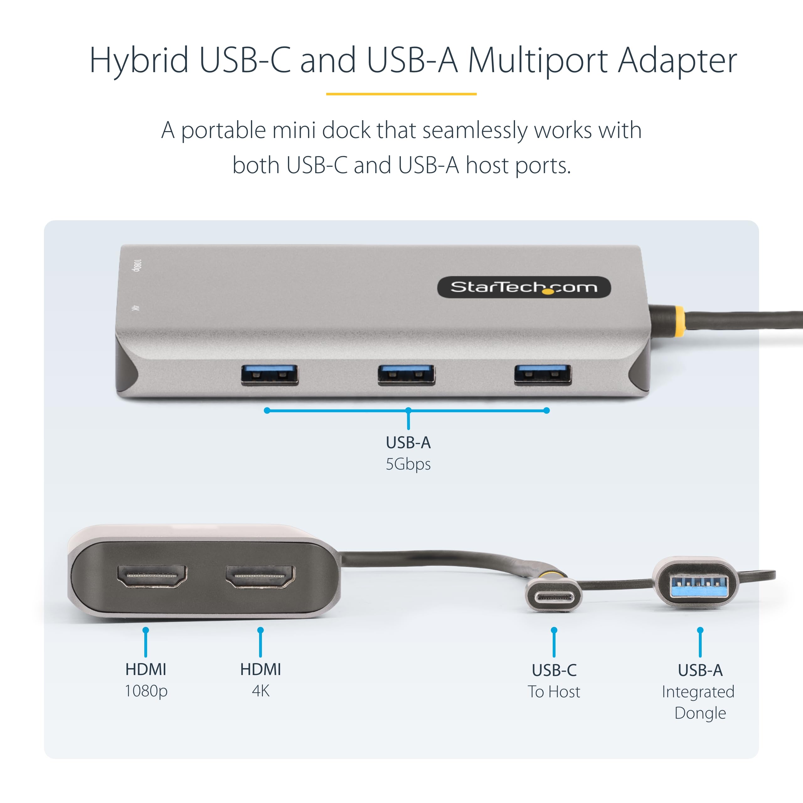 StarTech.com StarTech.com adapter wieloportowy USB-C, podwójny HDMI (4K30Hz/1080p60Hz), koncentrator USB-A, mini stacja dokująca