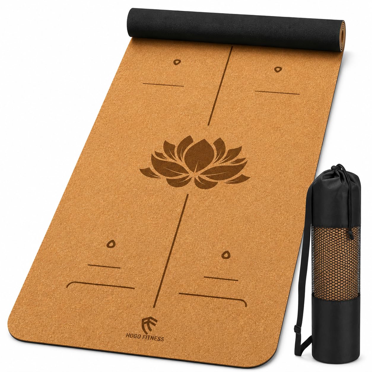 Esterilla de yoga de corcho premium (5 mm, 183 x 66 cm), antideslizante, con líneas de alineación, esterilla de pilates y entrenamiento ecológica, incluye bolsa de transporte