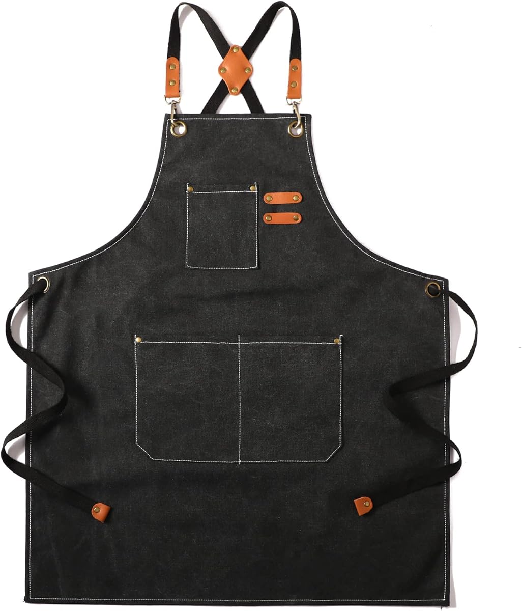 Tosewever Canvas Cross Back Chef Cotton Aprons for Men Women with Large Pockets