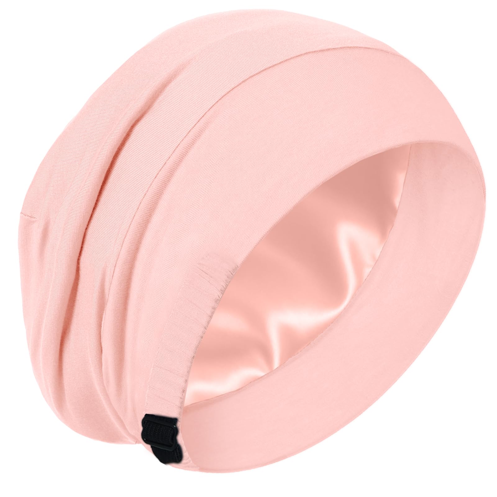 Photo 1 of 100% Mulberry Silk Lined Sleep Cap, Adjustable Real Silk Bonnet for Sleeping Women for Curly Hair Wrap Night Beanie Hat, Light Pink