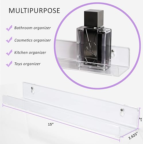 Miniatura 3 de Estilo Juego de 2 estantes flotantes de acrílico transparente montado en la pared para cosméticos, fotos, libros, 15 pulgadas