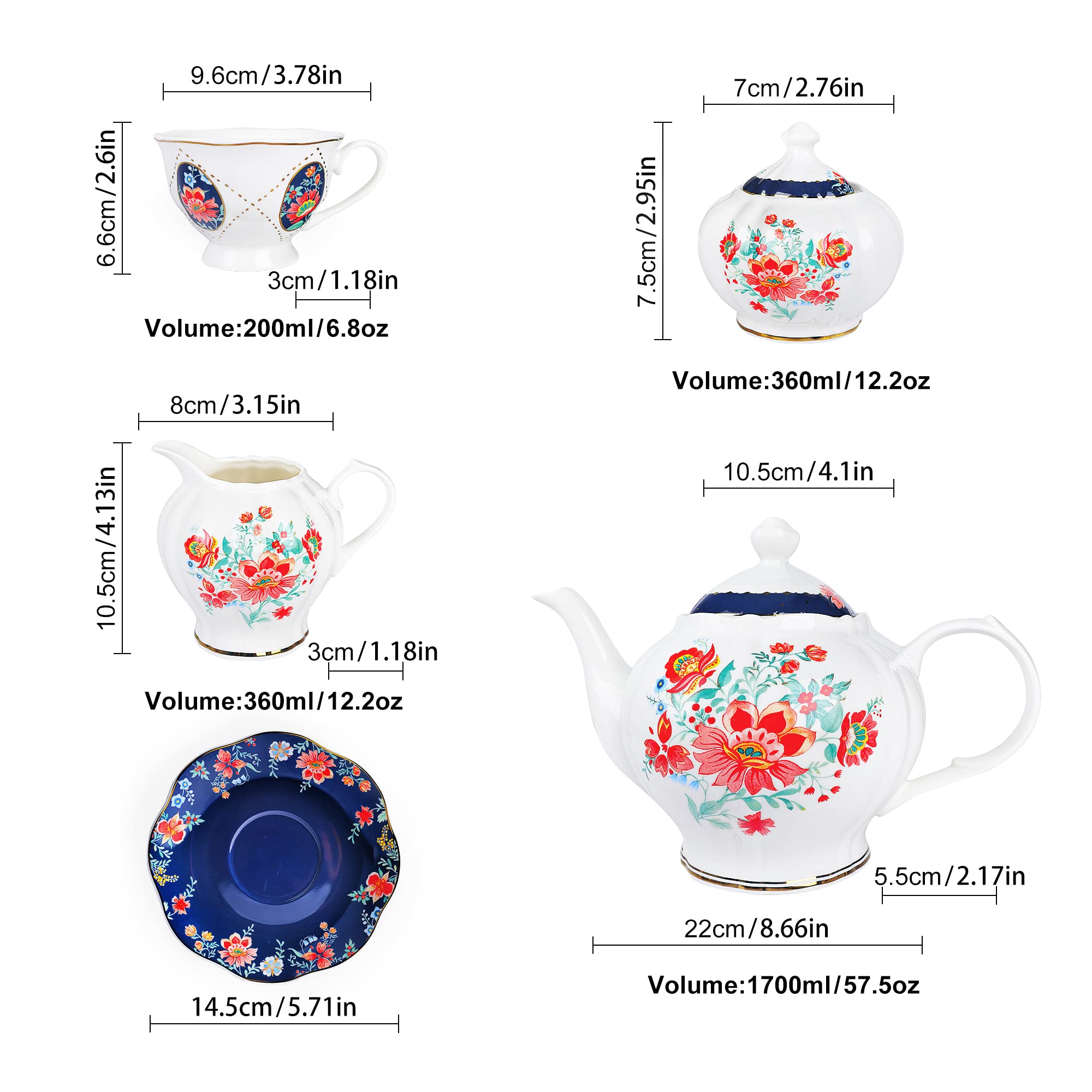 fanquare 21-częściowy porcelanowy zestaw do popołudniowej herbaty, czerwony kwiatowy serwis do kawy dla 6 osób, wiktoriański zestaw do herbaty z czajnikiem, filiżankami do herbaty, cukiernicą,