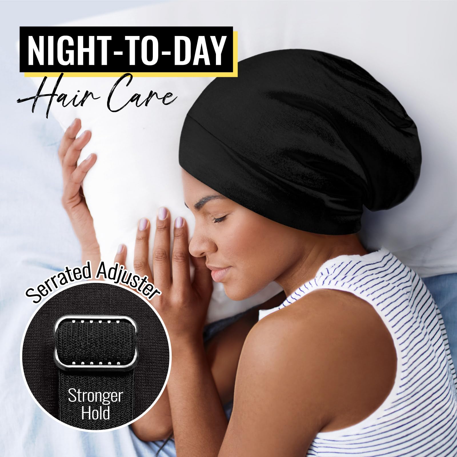 Gorro de dormir con forro de satén para cabello rizado y trenzas, abrigo de pelo para toda la noche con correa ajustable para mujeres y hombres, negro y gris, paquete de 2