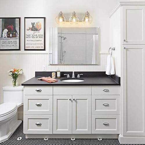 Miniatura 6 de Tuscarora Lámpara de baño, lámpara de tocador de níquel cepillado de 3 luces con pantalla de vidrio transparente, accesorios de iluminación para