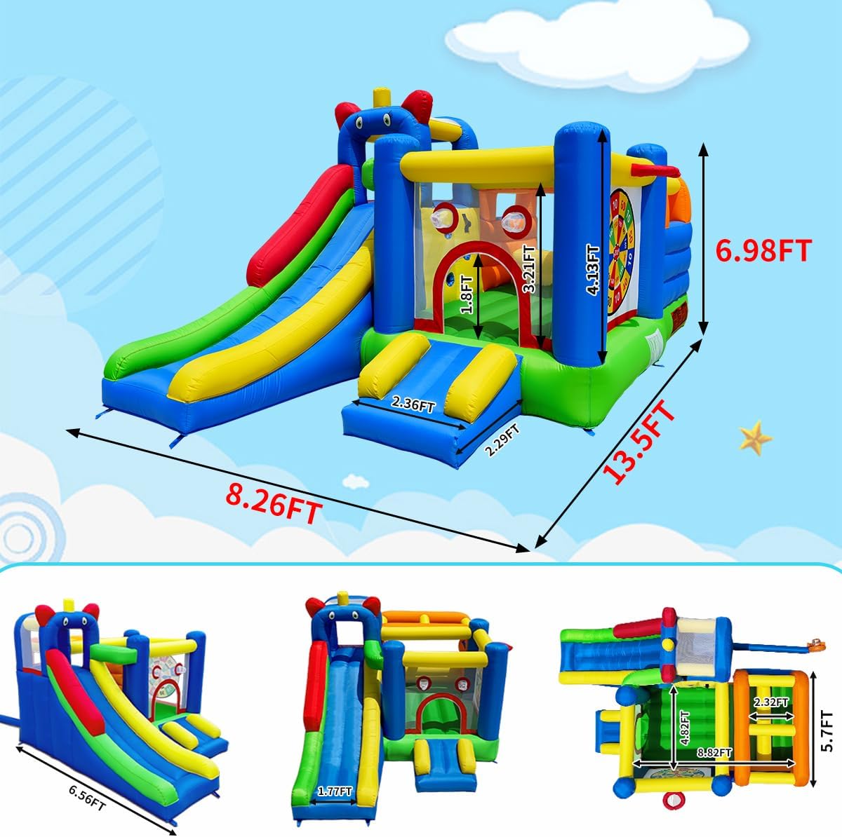 HuaKastro Bounce House - Inflatable Playground with Crossbar Obstacle on Large Bouncy Area, 1x Tall & 1x Small Slide, Giant Dart Board, Climbing Wall - for Indoor Outdoor Kids Party Family Gatherings