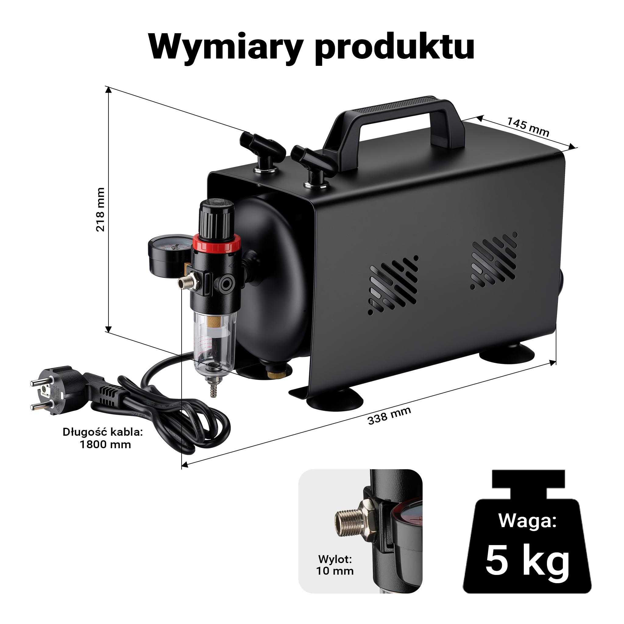Wiltec Kompresor aerograficzny AS18TB 1/6 KM, sprężarki powietrzne z przepływem powietrza 20-23 l/min, z 1-litrowym zbiornikiem, kompresor powietrza do projektowania aerografem