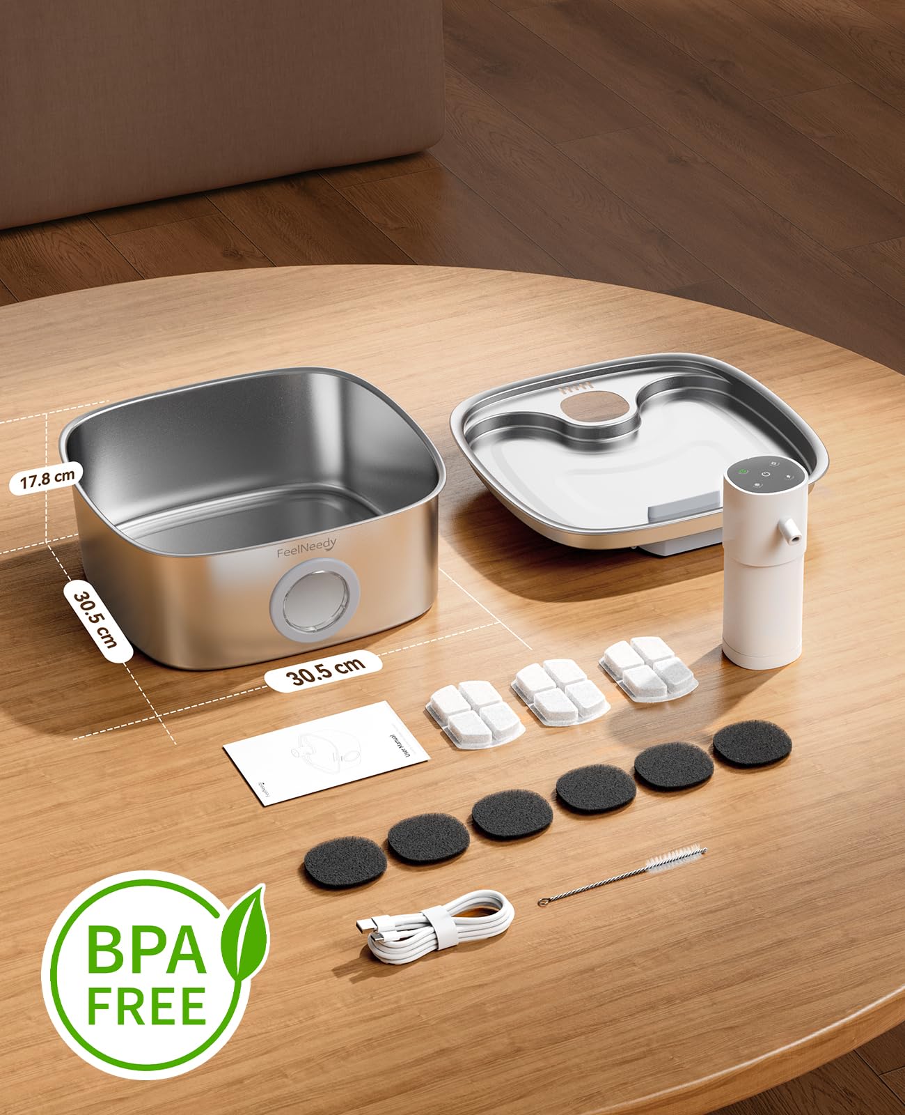 FEELNEEDY 8L Fontanella per Gatti senza Fili, 5000 mAh Batteria Fontanella per Cani Acciaio Inox con 3 Filtri, Fontana per Gatti con Sensore Radar di Movimento, Lavabile in Lavastoviglie