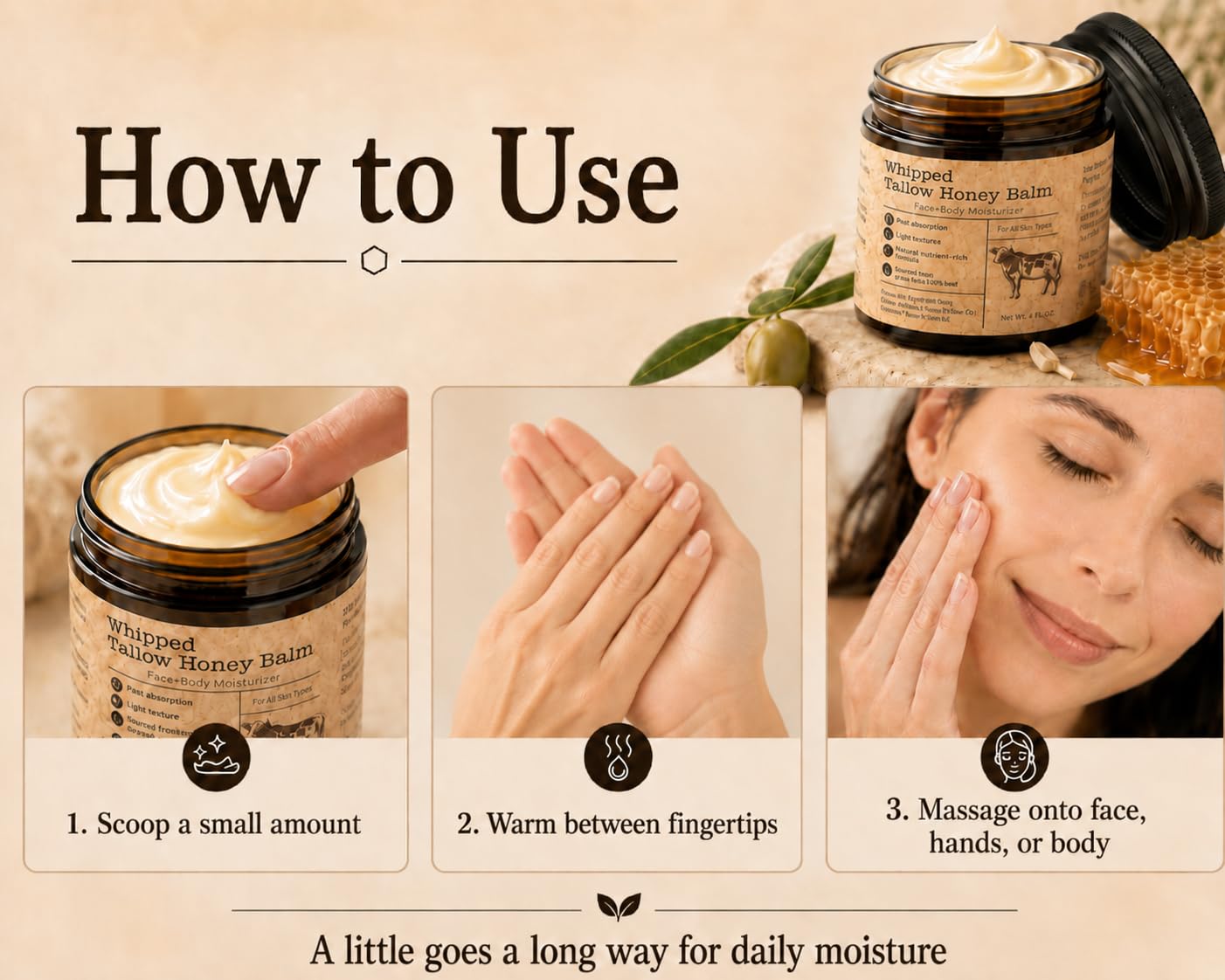 Beef Tallow for Skin & Face: Tallow and Honey Balm - Grass Fed Whipped Tallow Balm Moisturizer - Non-Greasy Body Butter Cream with Honey & Olive Oil for Dry Sensitive Skin 4 oz
