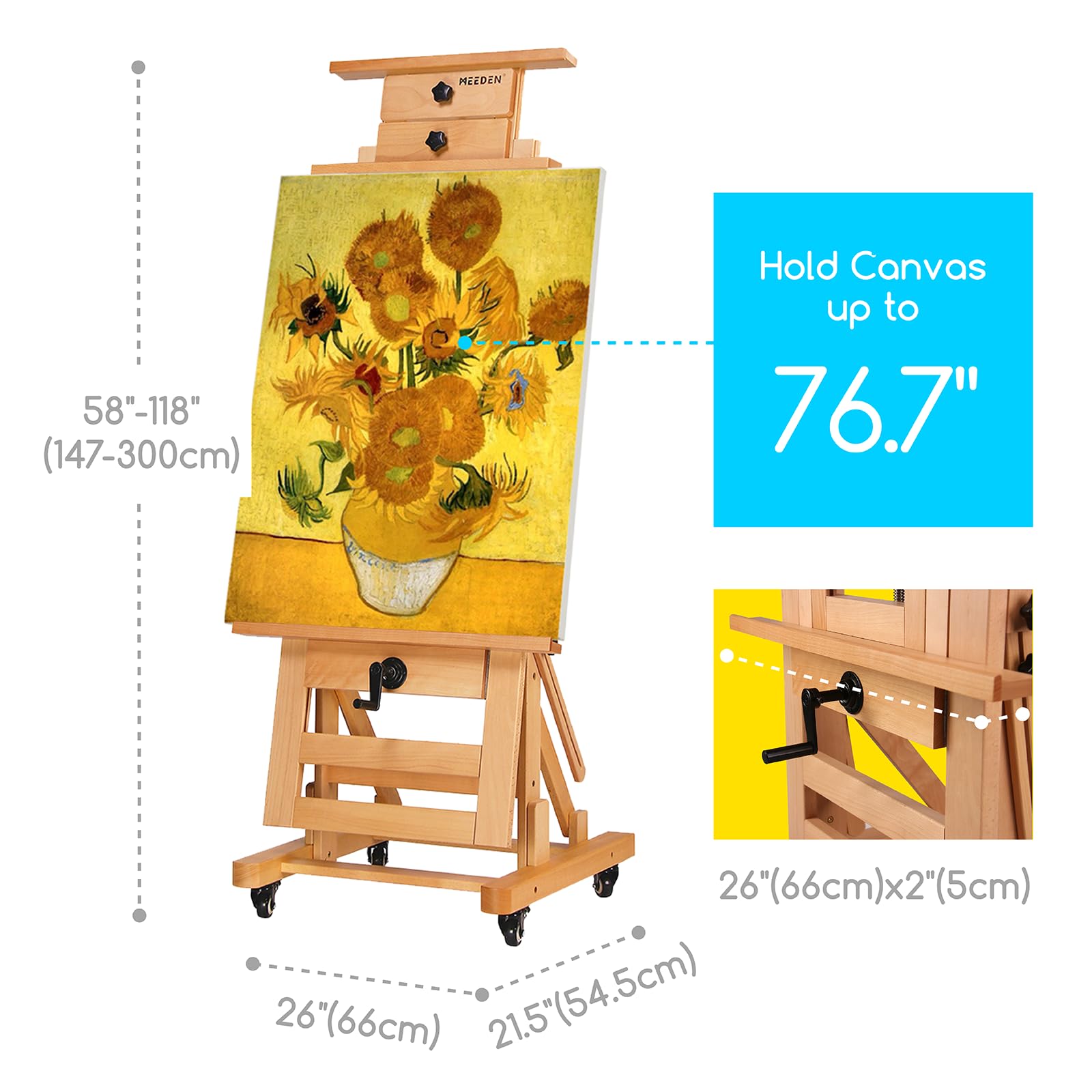 MEEDEN Caballete de estudio de manivela grande de lujo, caballete de pintura de artista resistente, madera de haya maciza con altura ajustable, caballete plano móvil e inclinable, soporta lienzo