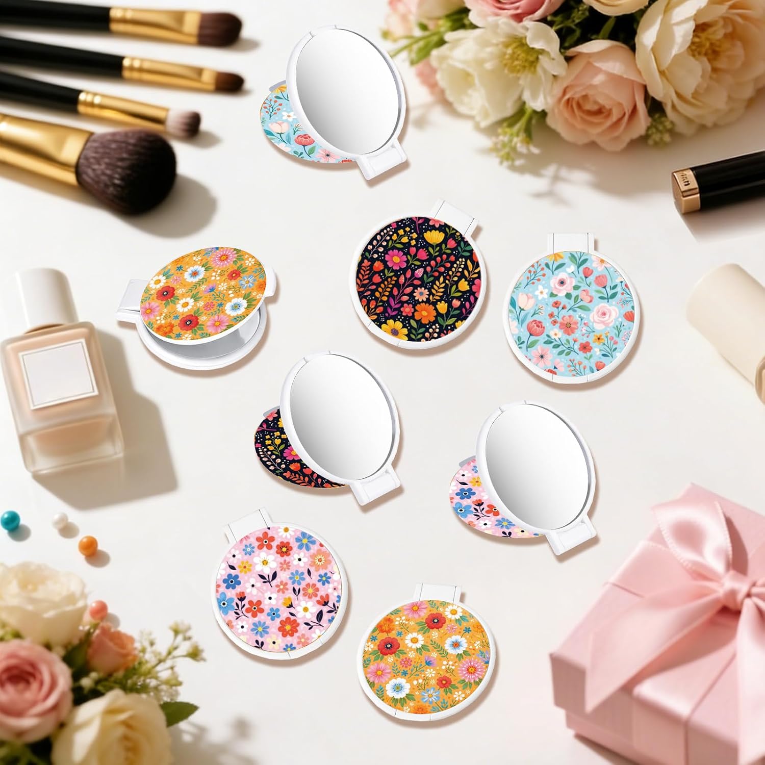 100Pcs Round Folding Hand Compact Mini Pocket Mirrors Bulk, Flowers White Makeup Gifts for Women Mother's Day Party Favors, Thank You Gifts Bulk Purse Mirror