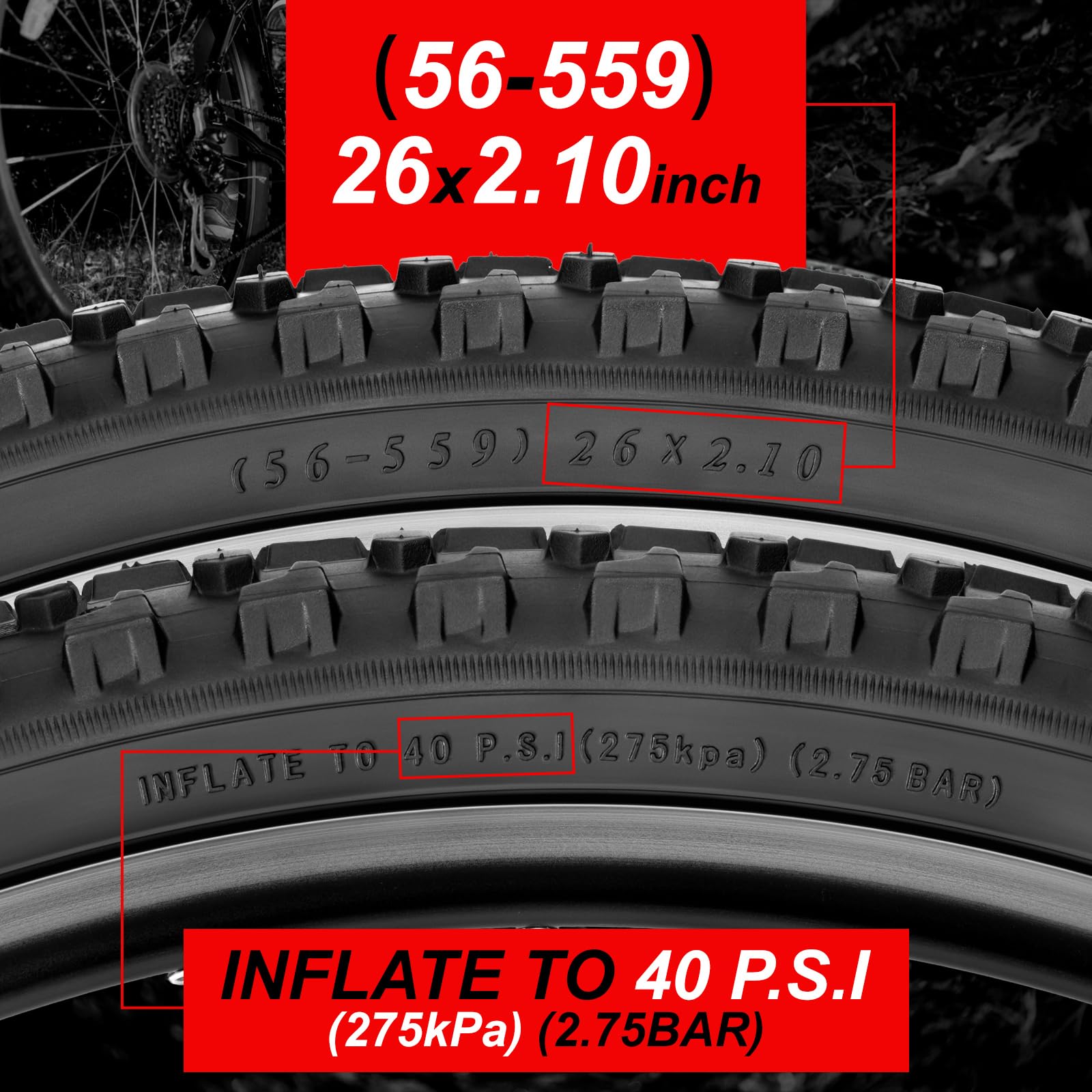 WHEELO Juego de neumáticos para bicicleta de montaña: paquete de 2 neumáticos de bicicleta plegables de repuesto de 26 x 2.1 pulgadas y par de tubos interiores de válvula Schrader con palancas de