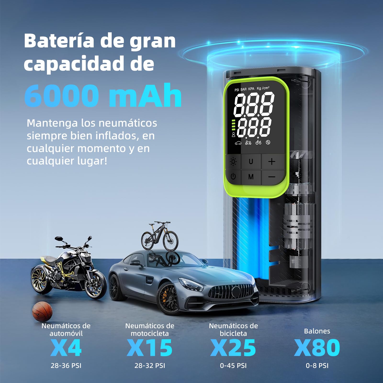 Compresor Aire Portatil, Inflador Ruedas Coche 150 PSI Inalámbrico, Batería Recargable con Pantalla Digital y Luz LED, Modos Automáticos de Inflado, para Coche, Moto, Bicicleta y Pelotas,Negro y verde