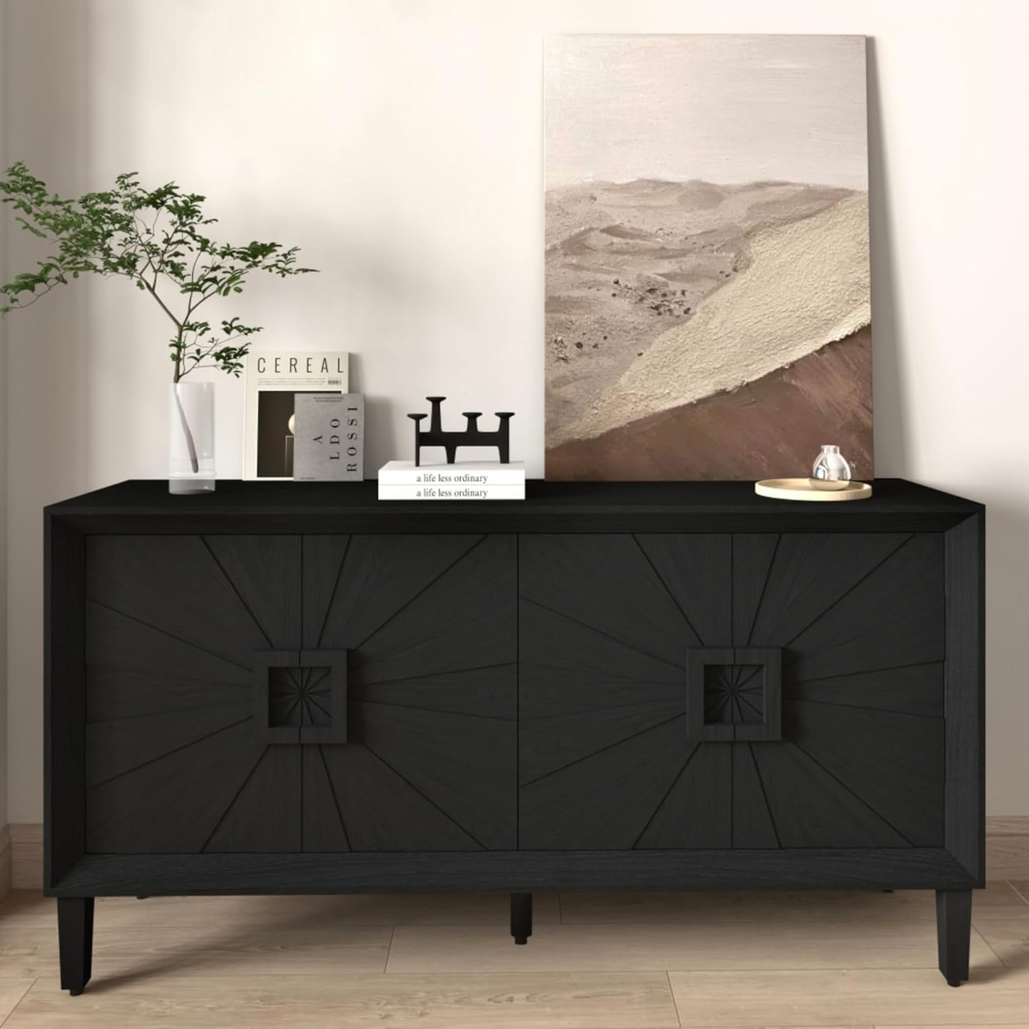 Industrial Style 4-Door Wooden Credenza with Arc Base & Vintage Clasps - Versatile Storage Cabinet for Living Room, Entryway Console or Home Office Furniture (Black,C)