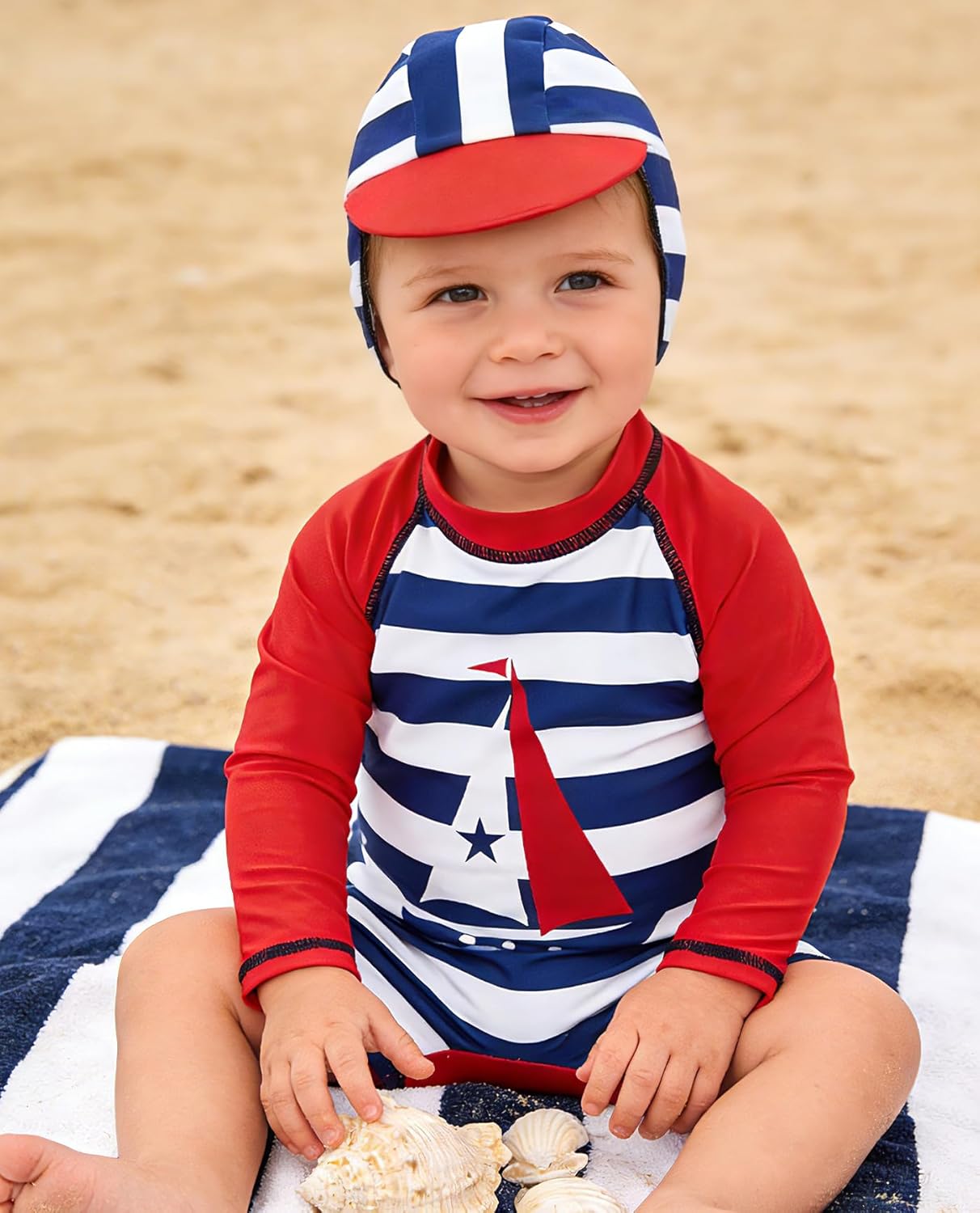 uideazone Baby Boys One Piece Swimsuit Long Sleeve UPF 50+ Rash Guard Bathing Suit Swimwear with Sun Hat 3-24 Months - Image 4