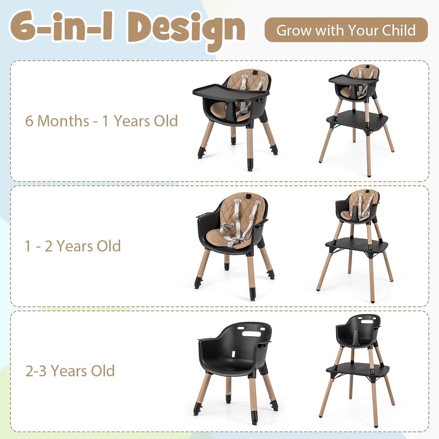 HONEY JOY 5-in-1 High Chair, Convertible Highchair for Babies and Toddlers/Kids Chair Table Set/Infant Feeding Chair w/Safety Harness, PU Leather Cushion & Removable Food Tray (Coffee)