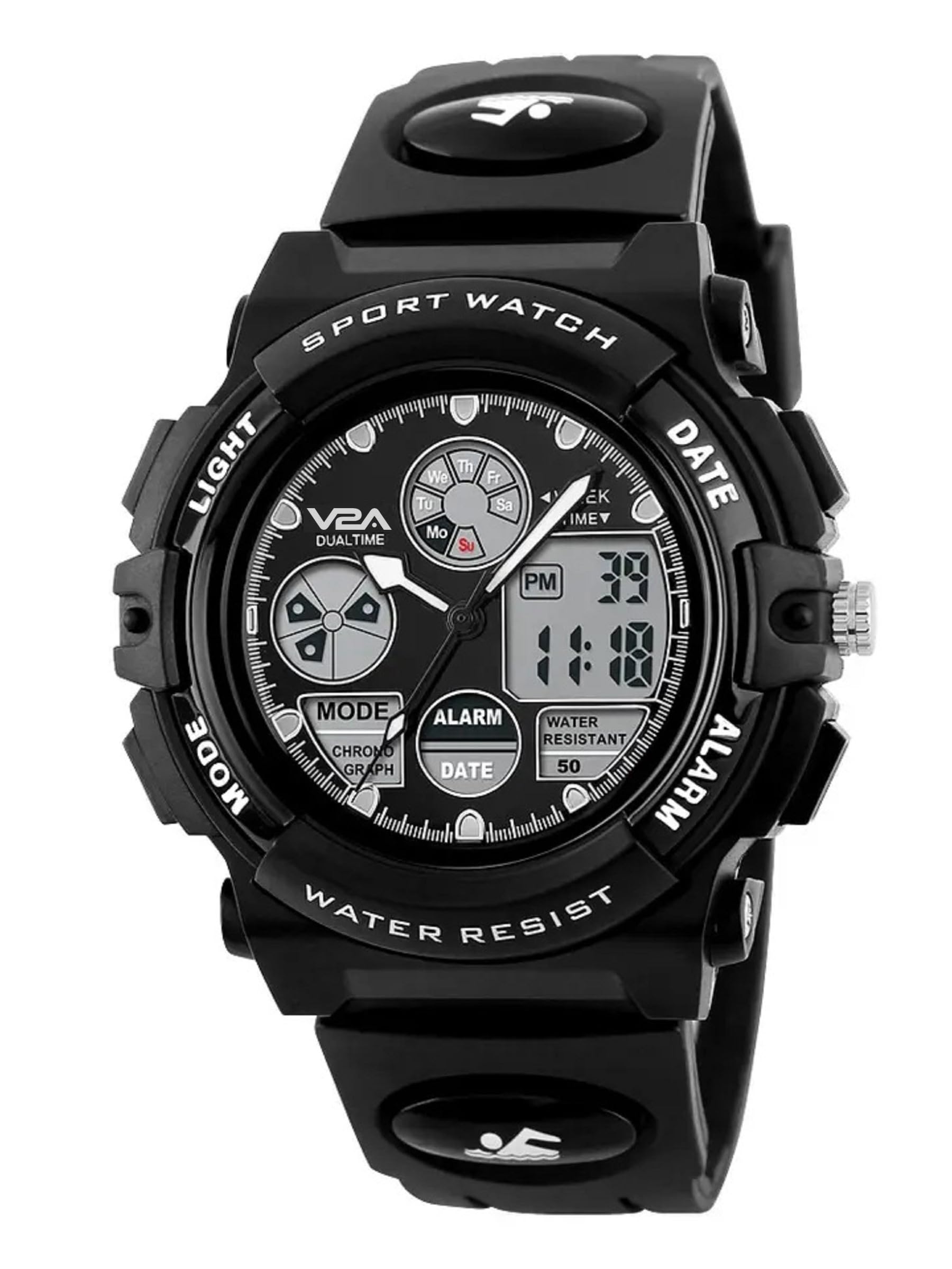 V2A Black Analogue-Digital Shock Resistant Alarm Calender Water Proof Sports Watch For Boys And Girls (Black, Resin)