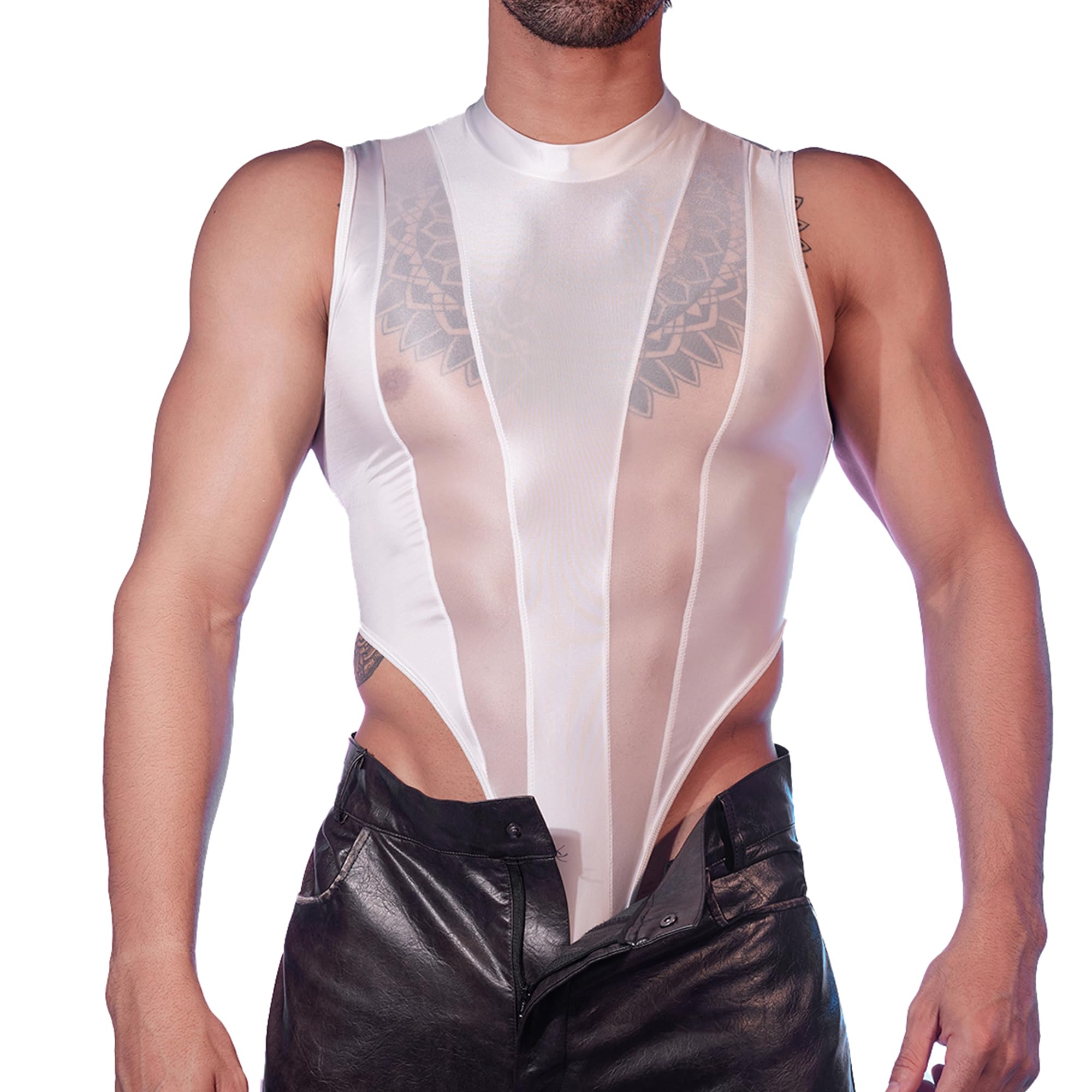 YOOBNG Mens Wrestling Singlet Sheer Bodysuit Mesh Leotards Slim Fit for Gym Clubwear