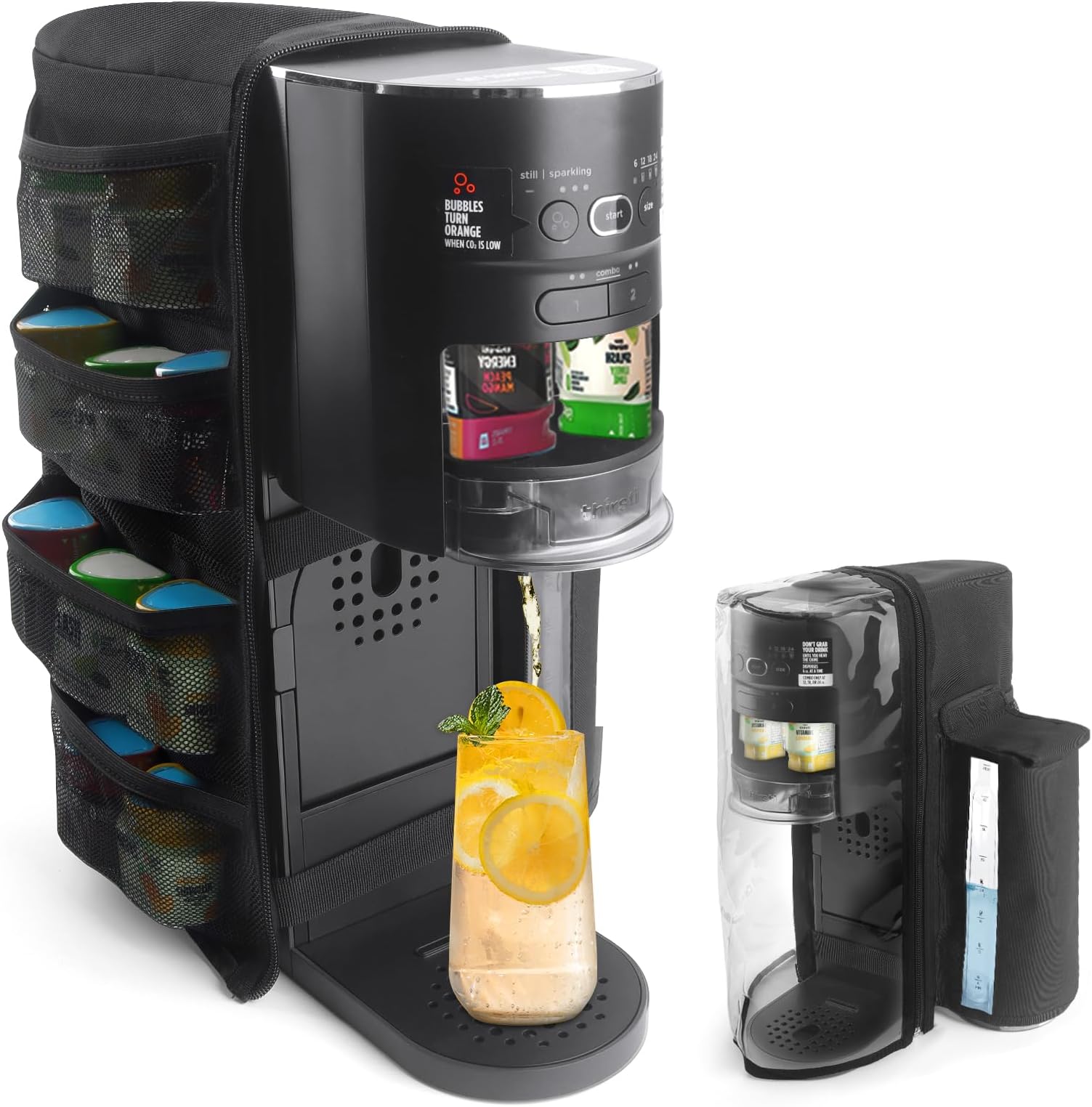 Soda Machine Dust Cover for Ninja Thirsti Drink System, Cover Bag with Storage Pockets Compatible with Ninja Thirsty, Flavored Water Drops(Bag Only), Black