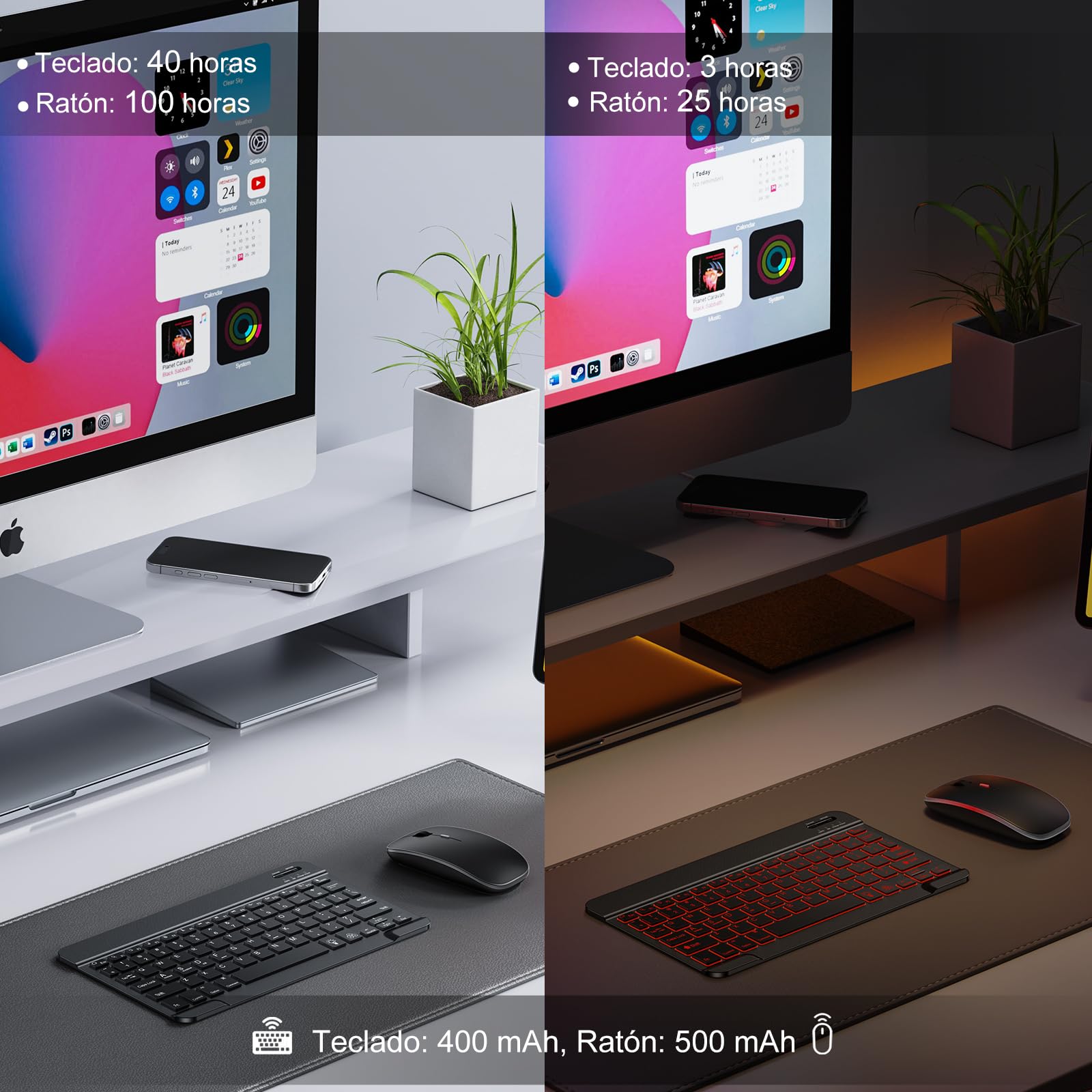 TECURS Set Tastiera e Mouse Wireless Bluetooth, Tastiera e Mouse Portatile Sottile Silenziosa Ricaricabile Retroilluminata per iPad Tablet/PC/iOS/Android/Windows (ES Layout - QWERTY)