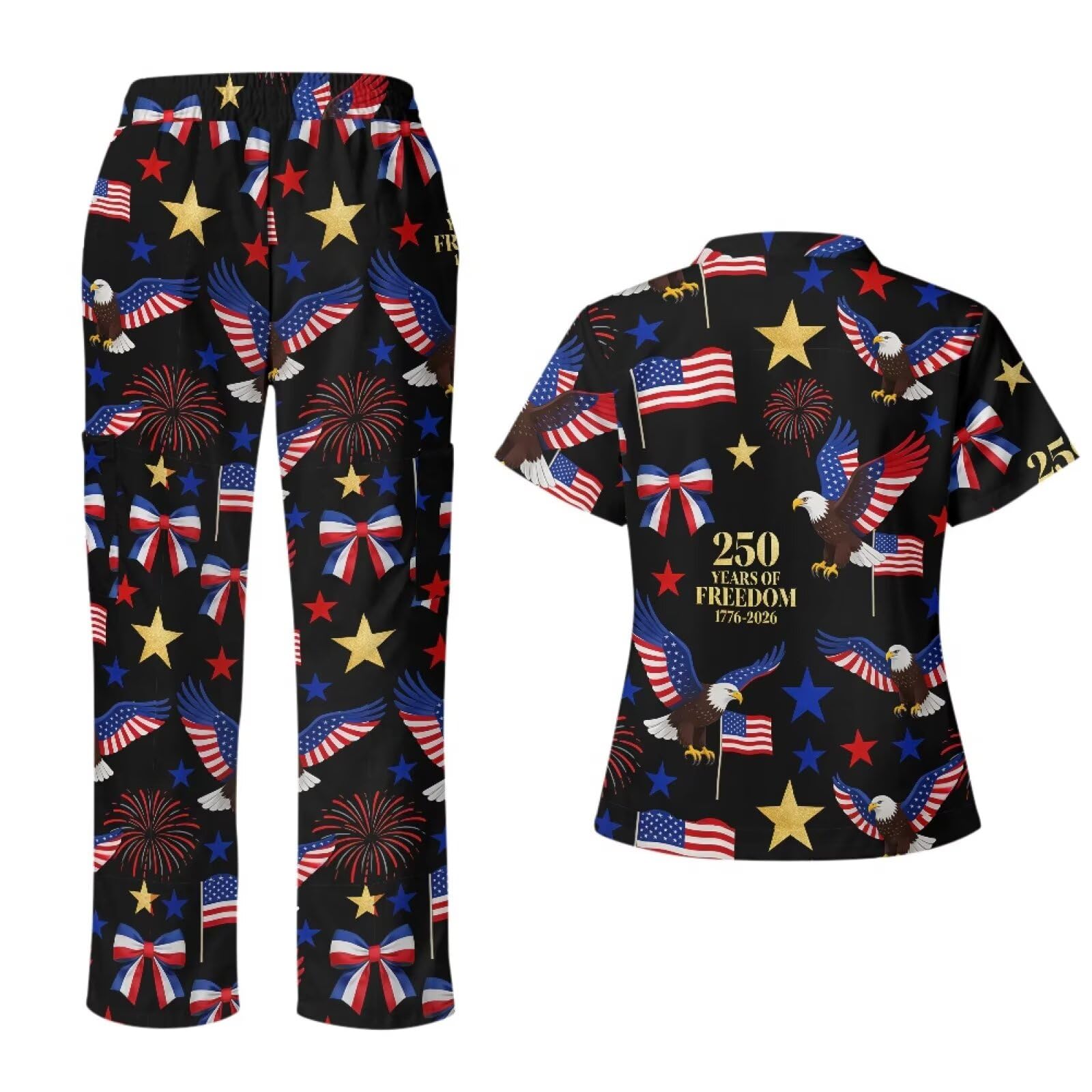 250th Anniversary USA Scrubs Set Women with Tall Scrub Pants Eagle American Flag Scrub Tops for Women Medical Assistant Essentials