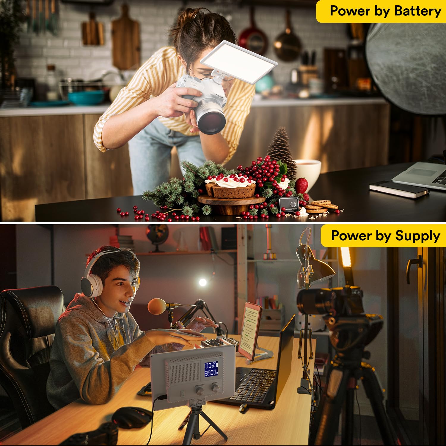 RALENO Lampa wideo 116 LED, 12 W, 600 lx, lampa wideo z mini statywem i wbudowanym akumulatorem 4000 mAh, CRI95+ 3200-5600 K, światło wideo USB do YouTube TikTok Zoom, fotografia, konferencje,