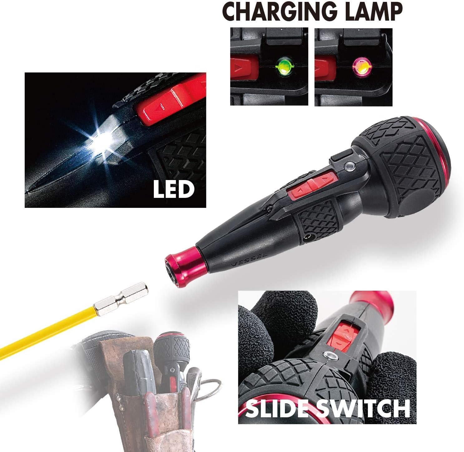 Close-up of VESSEL 220USB-5 showing LED light, charging lamp, and slide switch