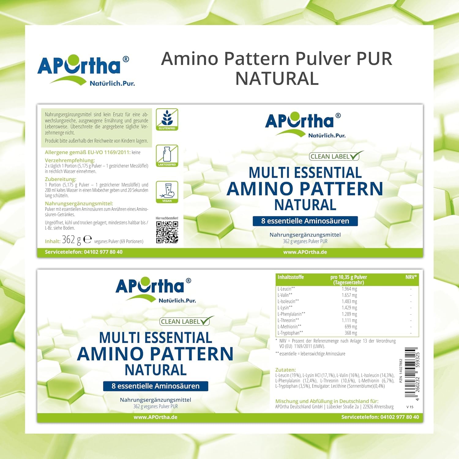 APOrtha® Multi Essential Amino Pattern – 362 g Aminosäuren-Pulver mit 8 essentiellen Aminosäuren nach Prof. Dr. Lucà-Moretti, ausgewogenes Aminosäuren-Profil, EAA Pulver, vegan, ohne Zusätze