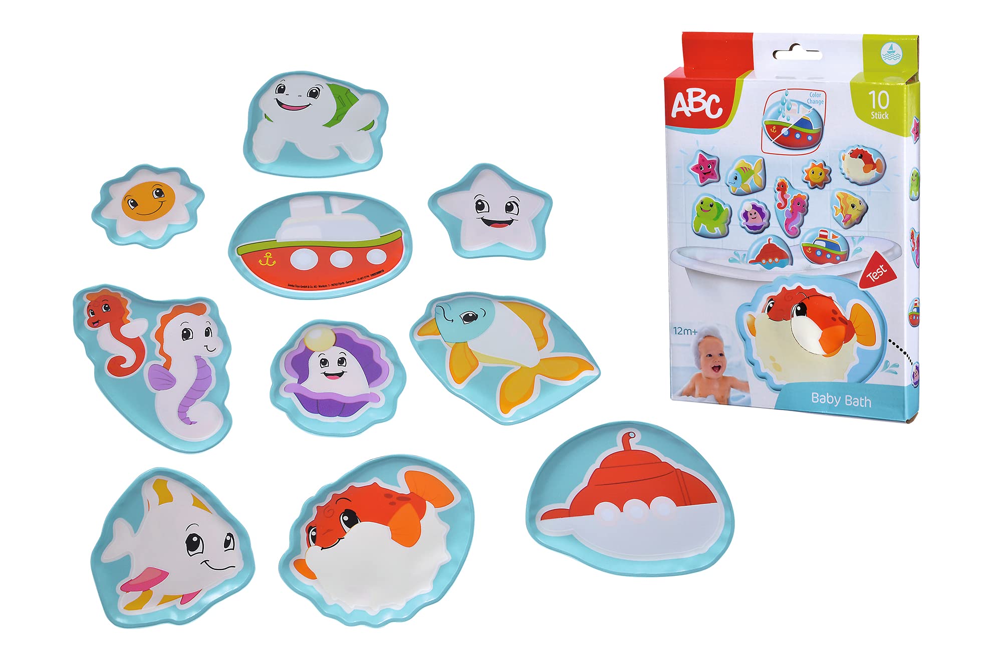 Simba 104010196 - ABC magiczne puzzle do kąpieli, naklejki do kąpieli, 10 sztuk, 10 cm, przyklejanie na krawędzi wanny, zabawa w kąpieli, kolorowe motywy, zmiana kolorów, zabawka do kąpieli, od 12