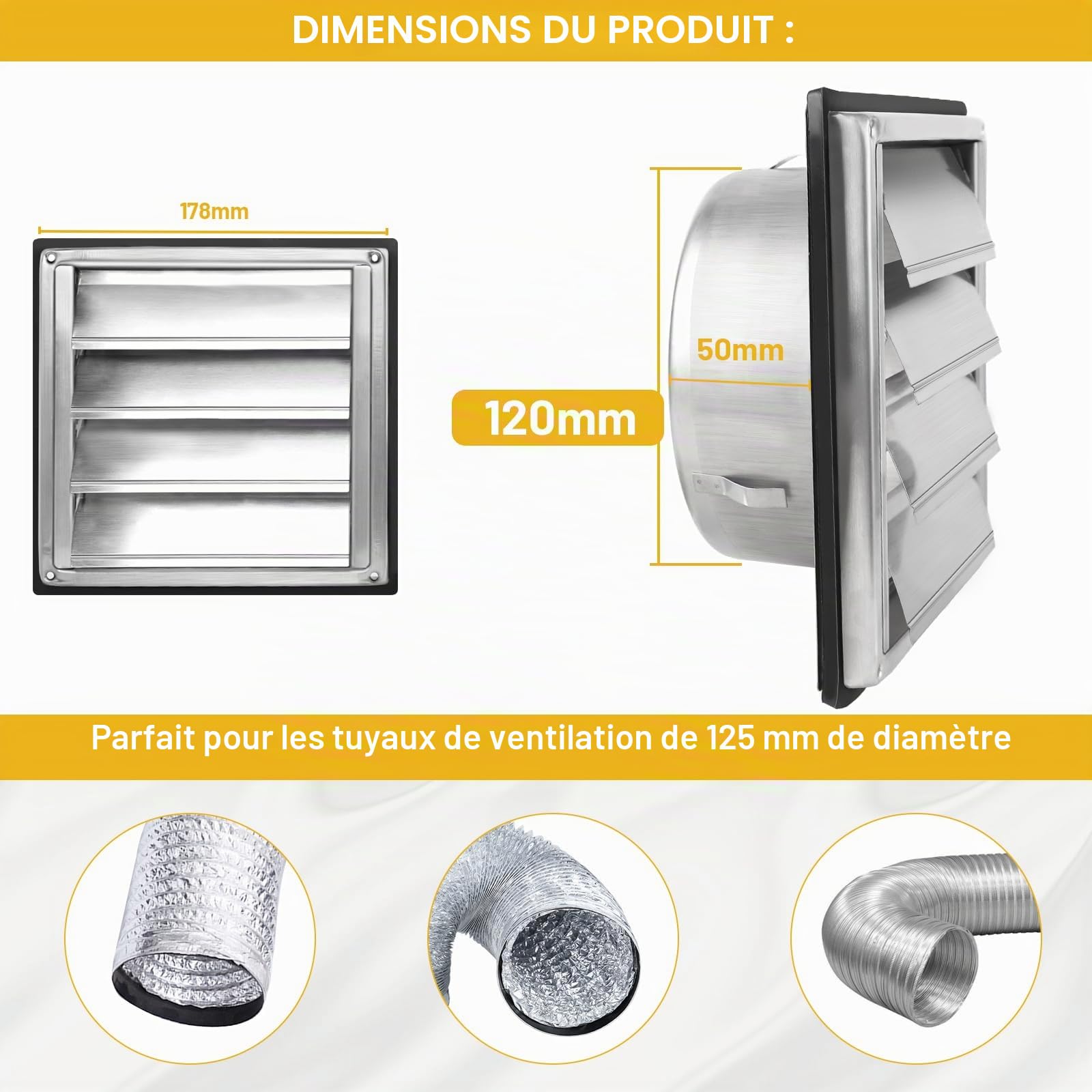 LALAGO 2 pièces Grille de ventilation 125mm, Clapet anti-retour Grille de protection contre les intempéries en acier inoxydable avec lamelles mobiles, Grille à lamelles Grille hotte aspirante Ø125mm