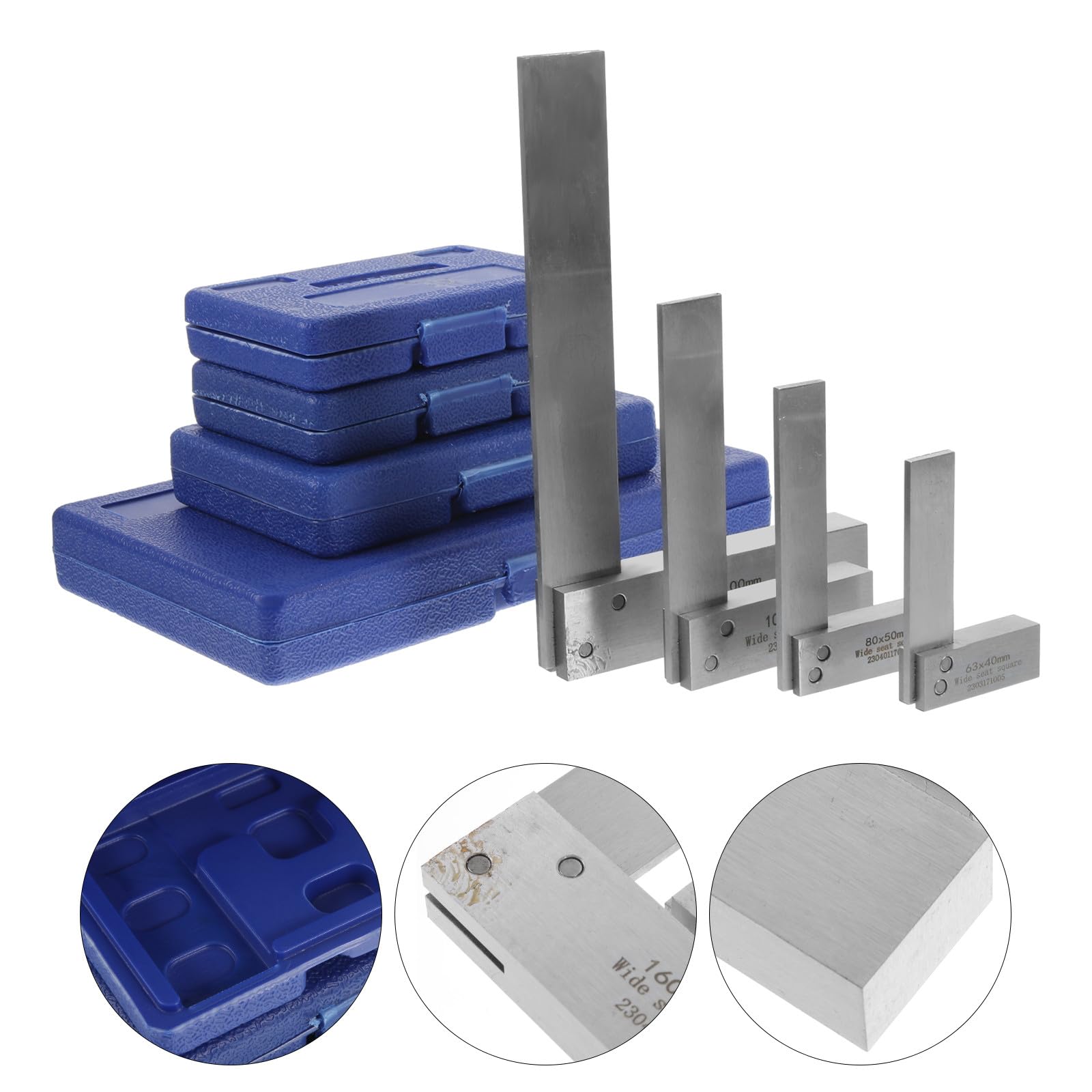 Healeved Juego de Escuadras de Precisión de Acero Inoxidable para Maquinista 4 Piezas 63×40 MM 80×50 MM 100×63 MM 160×100 MM Escuadra de Carpintero Cuadrada de 90° Base Ancha para