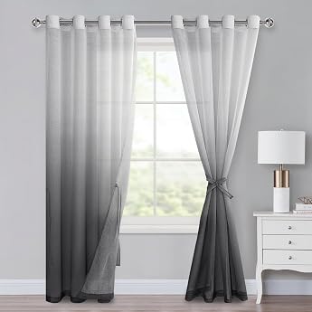 XWZO Ombre Curtains with Eyelets Color Gradient Voile Sheer Curtains Set of 2 for Bedroom and Living Room Loop Curtains with Tiebacks 225 x 140 cm H x W Gray