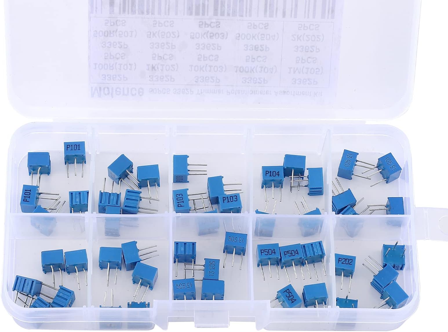 50PCS 3362P Single Turn Trimmer Potentiometer Assortment Kit 100 500 1K 2K 5K 10K 50K 100K 500K 1M ohm Breadboard Resistance with Plastic Box for Arduino PCB