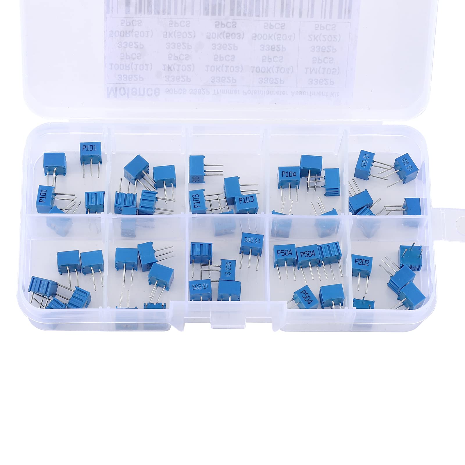 Molence 50PCS 3362P Single Turn Trimmer Potentiometer Assortment Kit 100 500 1K 2K 5K 10K 50K 100K 500K 1M ohm Breadboard Resistance with Plastic Box for Arduino PCB