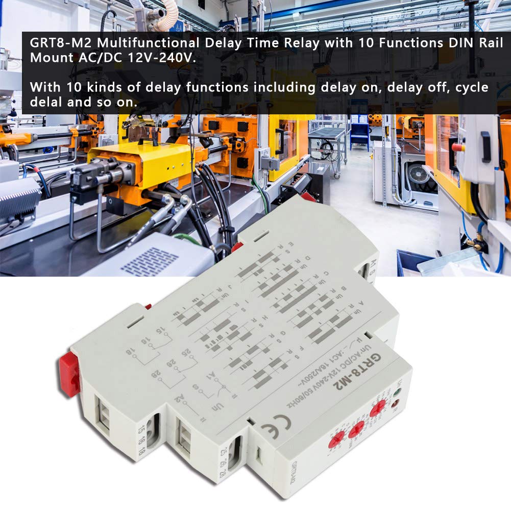 GRT8-M2 Multifunktions-Zeitrelais, AC/DC 12V-240V Verzögerungsrelais mit 10 Funktionen, Hutschienenmontage 35mm, Mini-Abschaltverzögerung Zeitrelais