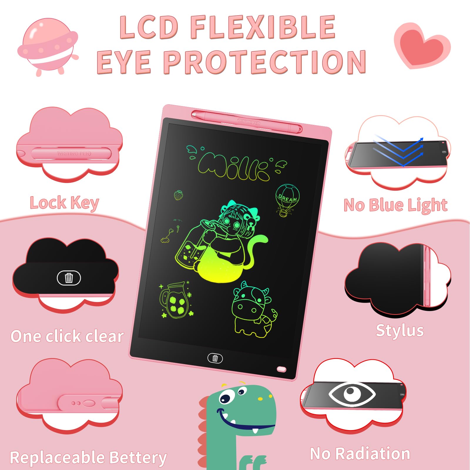 Genialba 12 Pollici Tavoletta Grafica LCD Scrittura Colorato, Lavagna da Disegno Cancellabile Portatile, Regalo Bambini, Tavoletta Grafica per Giochi Bambini 2 3 4 5 6 7 Anni Ragazze (Rossa)