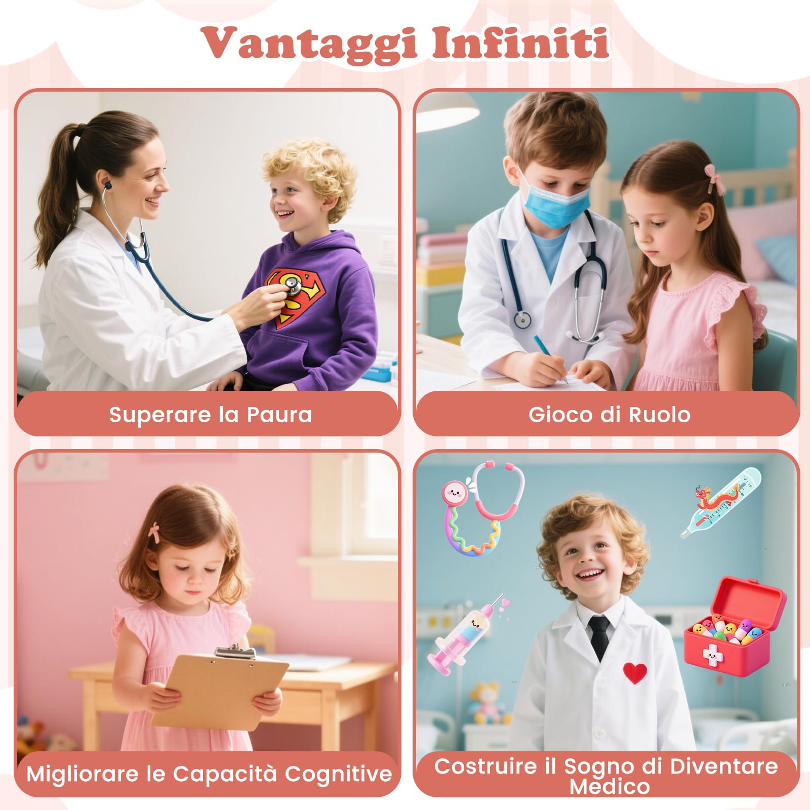 GYMAX Set da Gioco Medico in Legno, Gioco di Ruolo Medico con Stetoscopio, Monitor ECG, Pellicola a Raggi X, Monitor di Pressione Sanguigna, Area d'Esame, 24 Accessori (Rosa)
