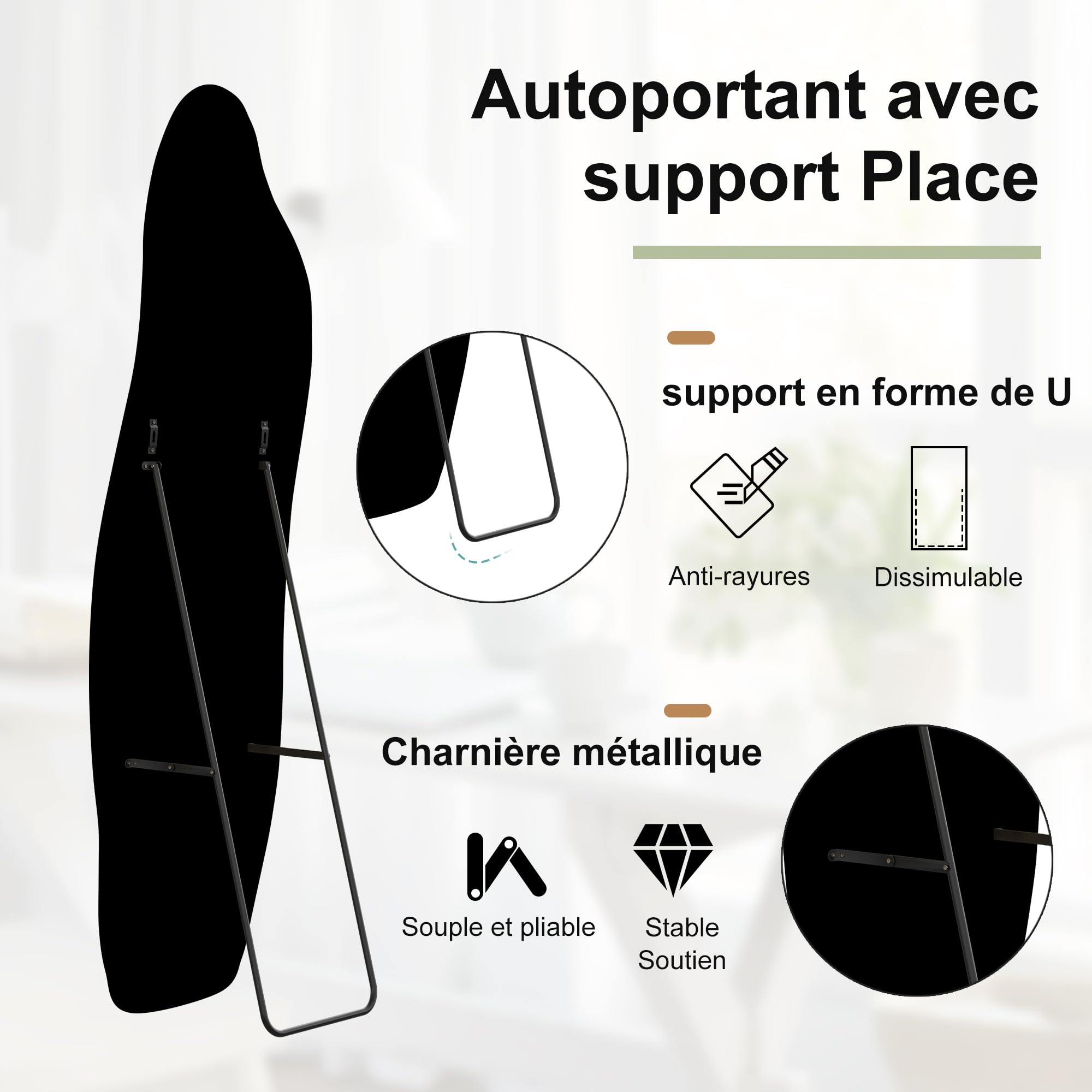 Grand Miroir Noir 160x50 cm, Miroir sur Pied au Mural ou à Suspendre, Miroirs Organique avec Support en U, Miroirs ondulés Moderne pour Dressing, Salon, Chambre, Couloir