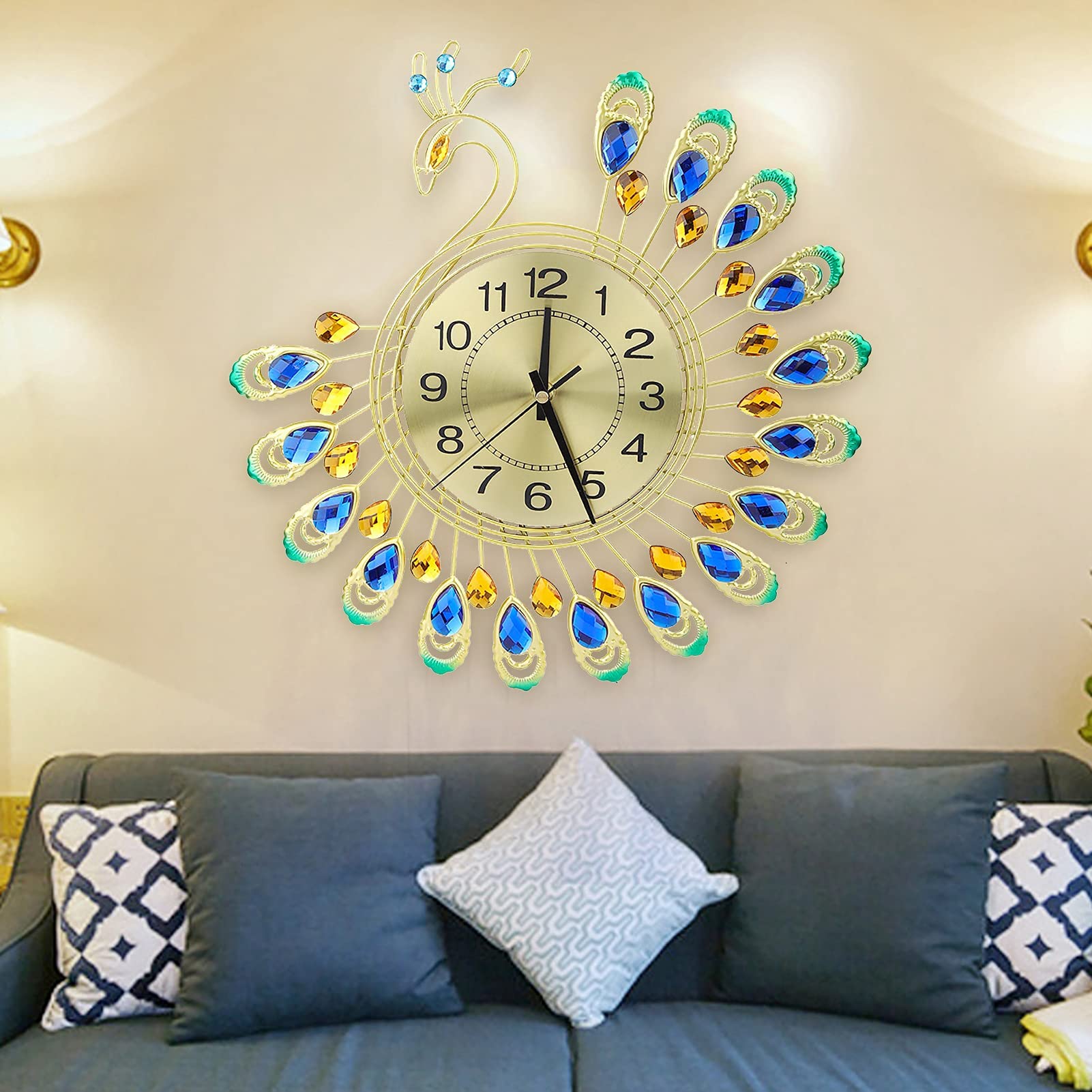 Atyhao Wall Clock, Iron Modern Wall Clock Large 3D Peacock Shape Non Ticking Silent Clock For Living Room Decor