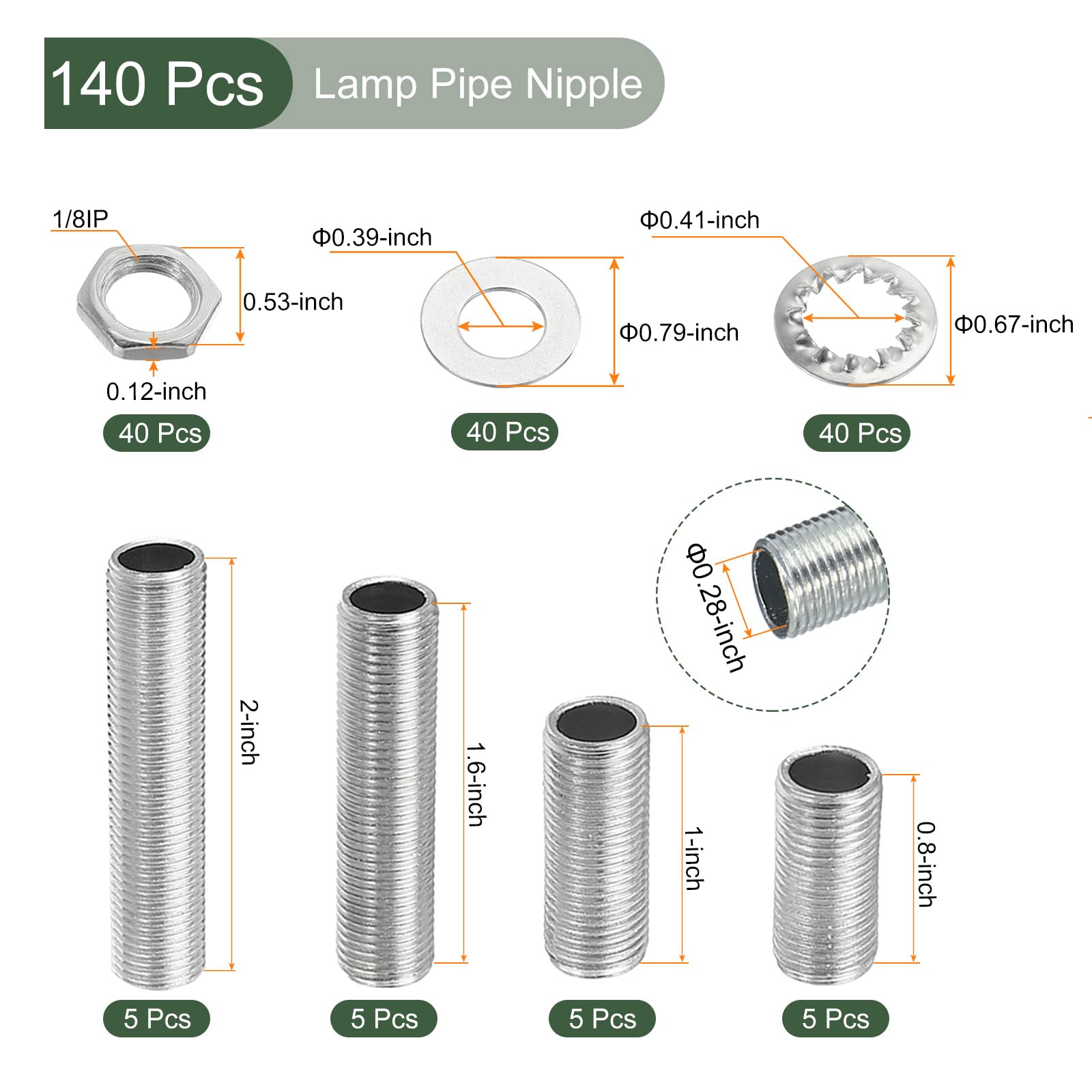 YOKIVE 140 Pack Lamp Pipes Kits, 1/8IP Threaded 4 Size Rod Hexagon Fastener Assortment with Lock Nuts Washers, Great for Ceiling Lights - Image 2