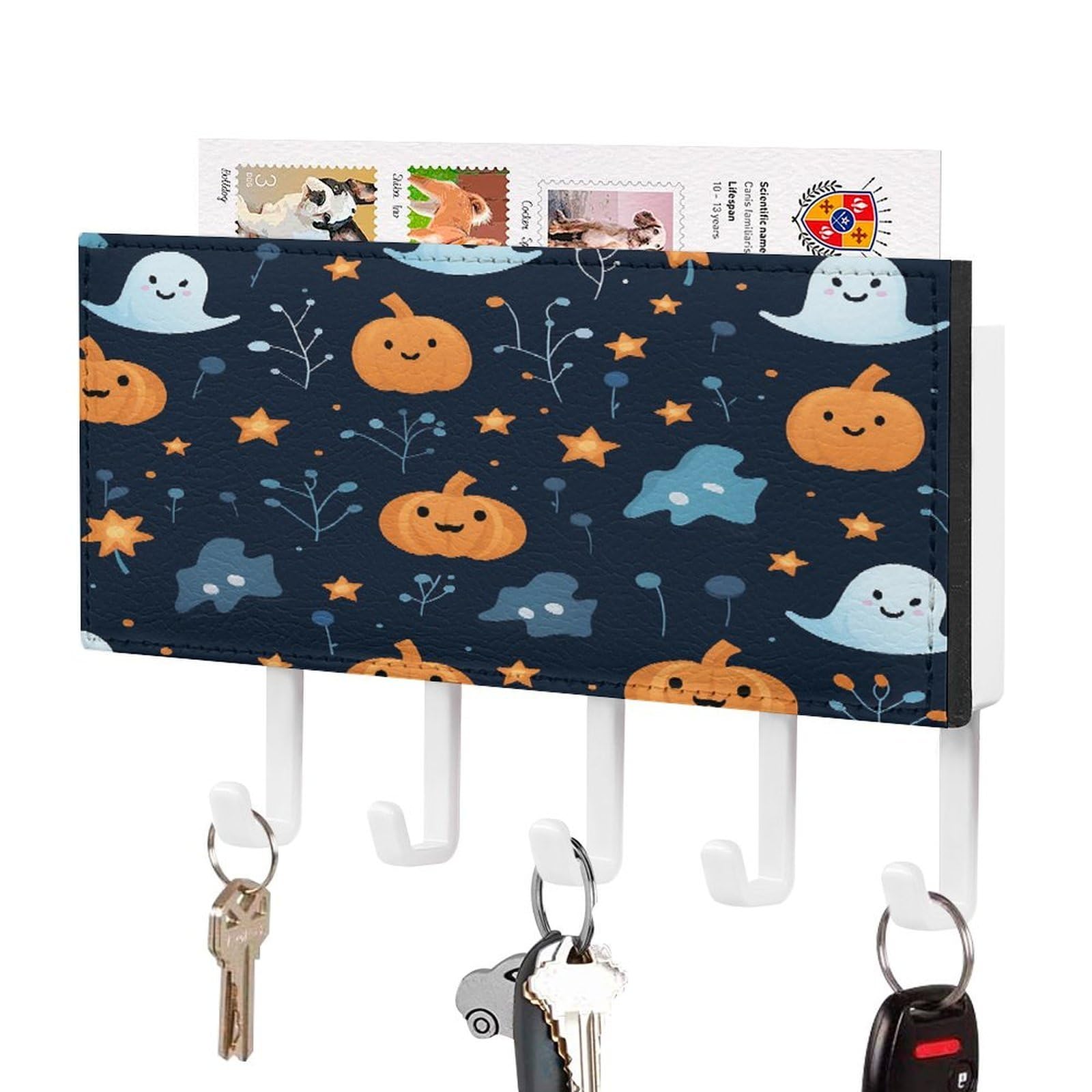Fekiloot White-Style Ghosts And Pumpkins Key Holder Wall Mount Key And Mail Holder Key Hanger With 5 Hooks Decorative Pu Key Rack Hanging Key Hooks For Wall Living Room Kitchen Bathroom Hallway