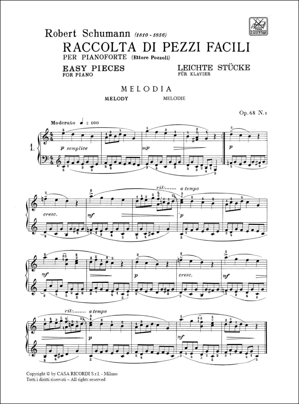 Il Mio Primo Schumann Pozzoli Metodo Facile Piano Solo Raccolta Musica Classica per Giovanissimi Edizione Ricordi