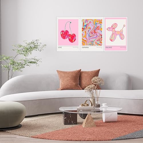Miniatura 9 de Juego de 3 pósteres de perro con globo, color rosa, diseño retro de cerezo preppy, juego de 3 imágenes de euforia, coloridas impresiones abstractas