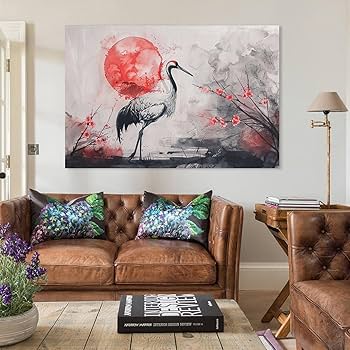 インテリア　絵 Amazon.co.jp: 絵画 赤い太陽とタンチョウ鶴インテリア 絵画 超リアル
