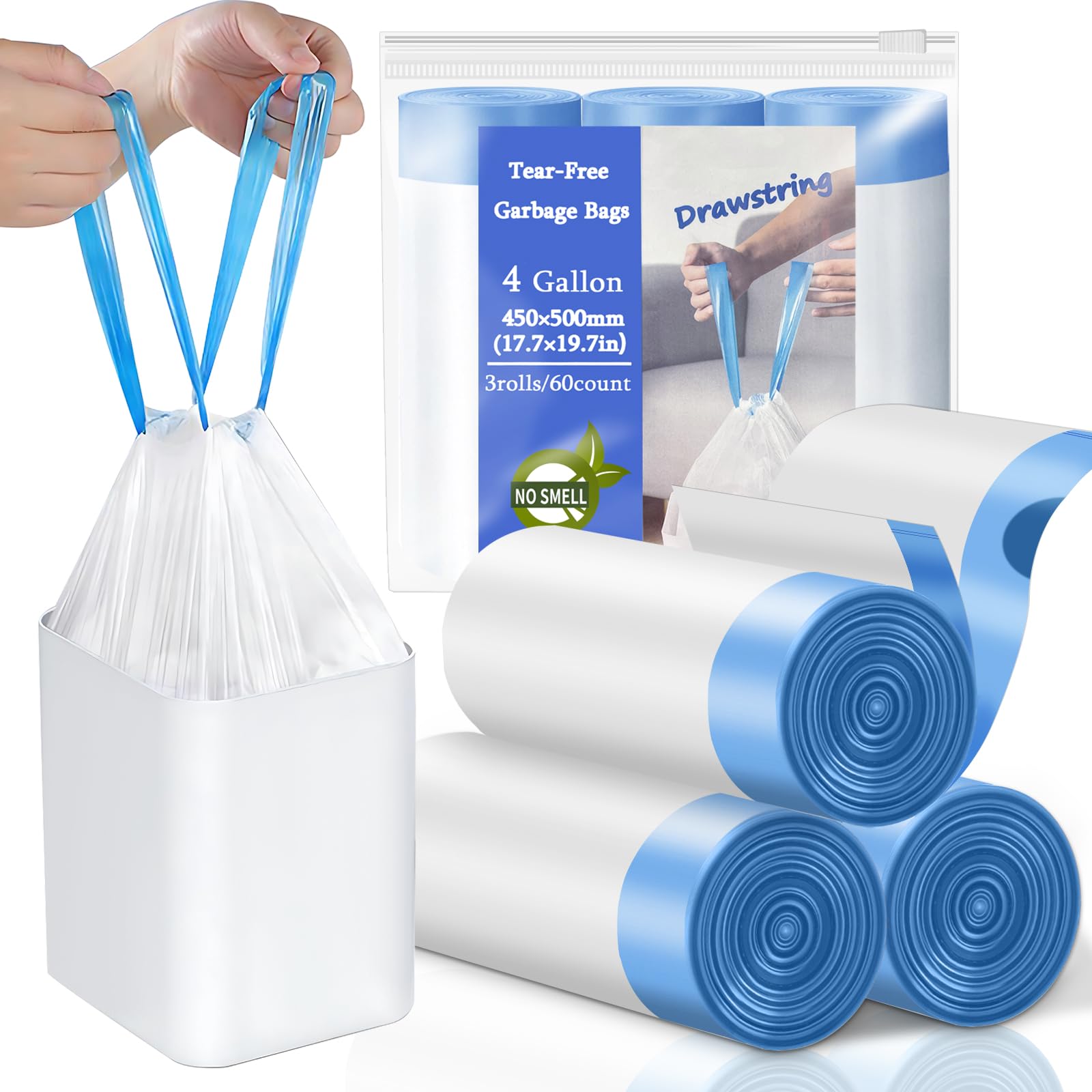 BODFPPC Small Garbage Bags Drawstring Tear-Free, 4 Gallon (10-15 Litres) White Thicken Kitchen Garbage Bags for Bathroom, Bedroom, Office - Unscented Trash Bags