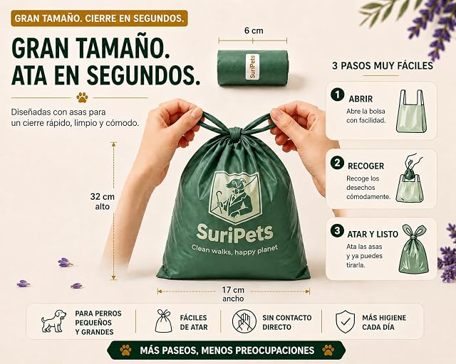 Foto 6 de 8 de SuriPets Bolsas para Perros con Asas - 600 Bolsas (40 Rollos) - Resistentes Antifugas 15 Micras