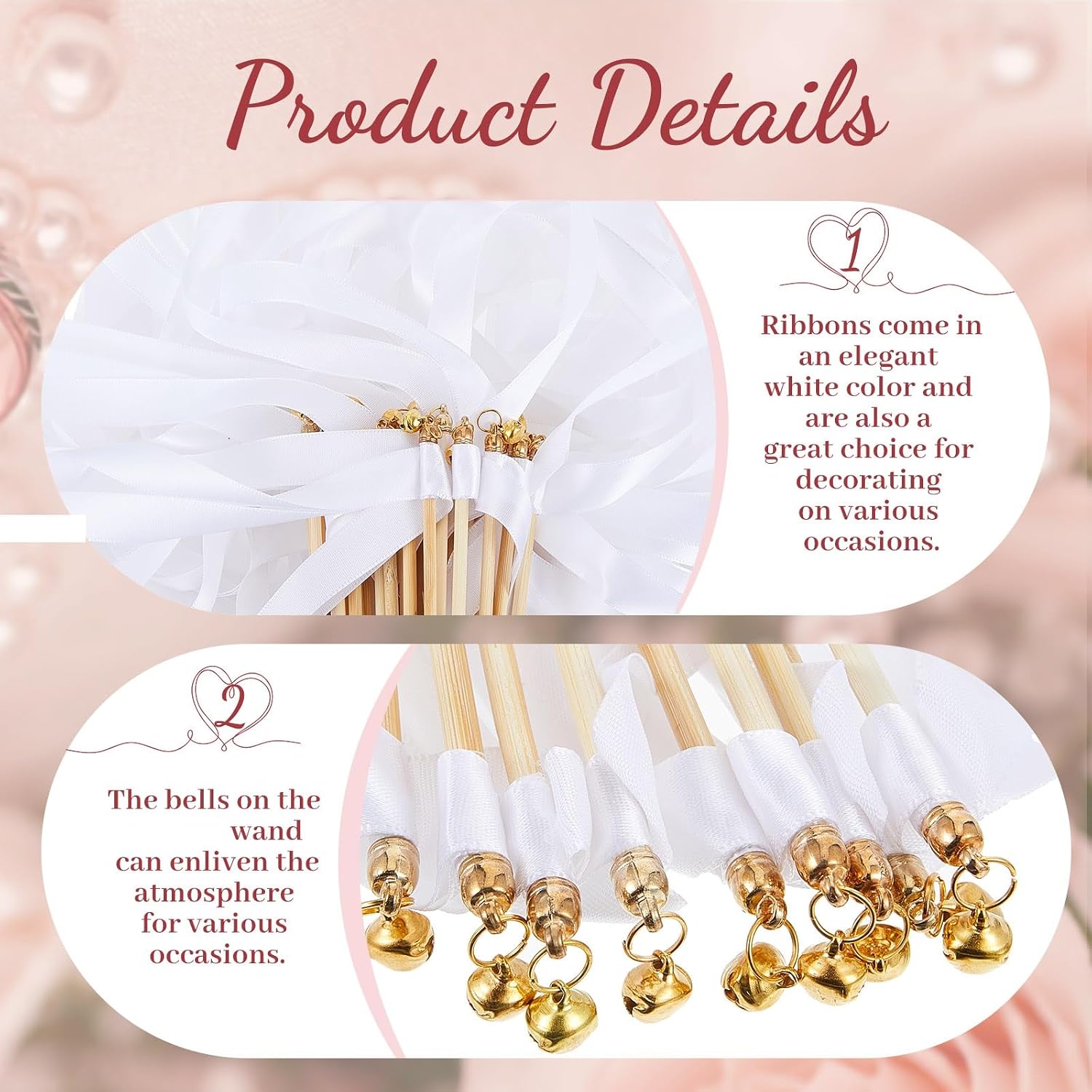 Taiyin 150 Pcs Ribbon Wedding Wand Sticks with Gold Bells, White Streamers Wedding Send Off Wands Dance Ribbons for Wedding Party Favors, Guests, Holiday, Celebration, Activities