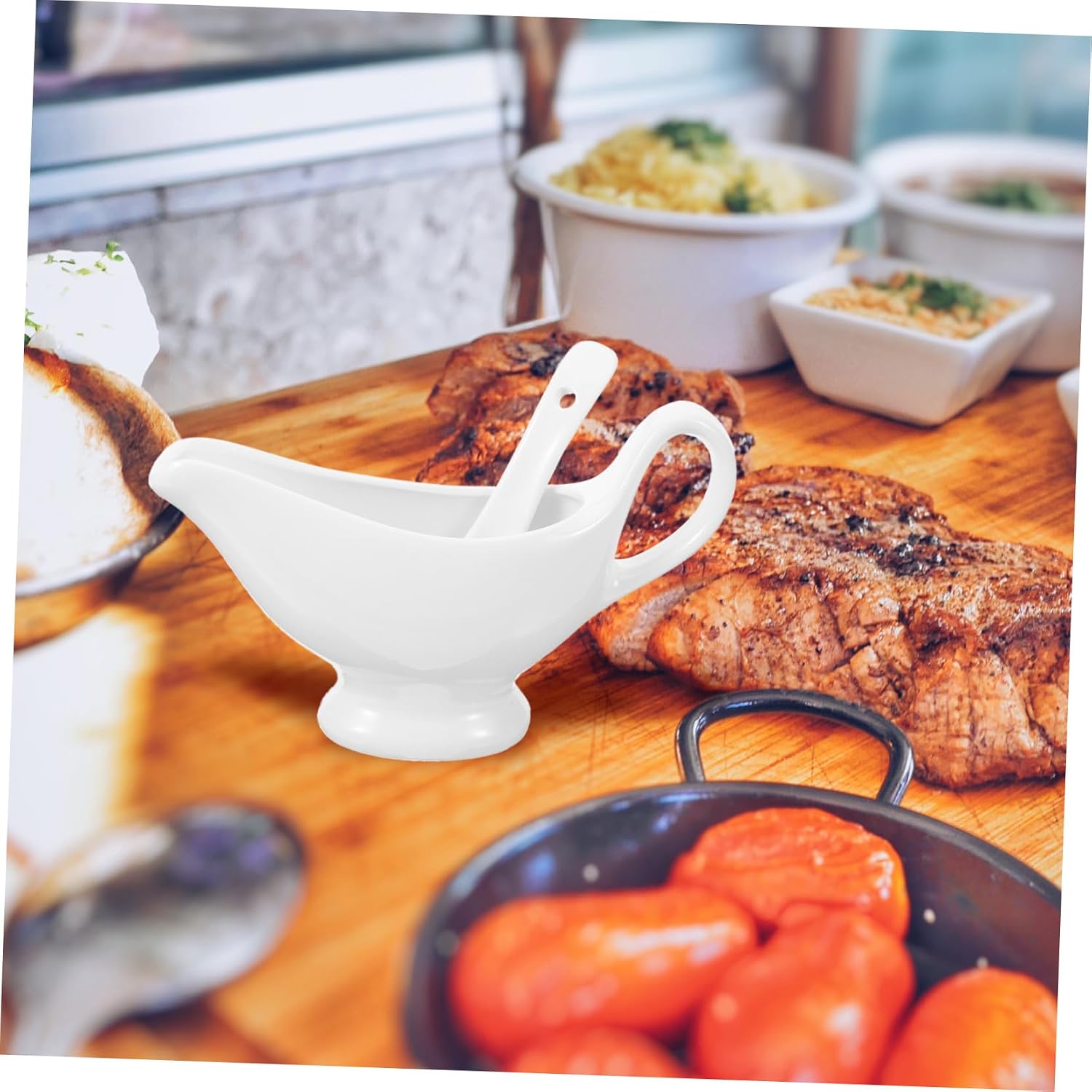 White Ceramic Gravy Boat with Deep Spoon 175ml Spill Proof Xmas