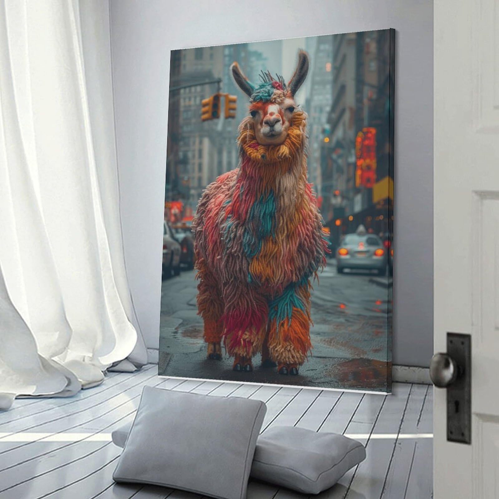Junmoney Frame-Style-7 Colorful Llama In City Wall Picture Print, 20X30inch(50X75cm), For Wall Displays, Bedrooms Or Room Updates, Decorative Artwork With Flexible Styling