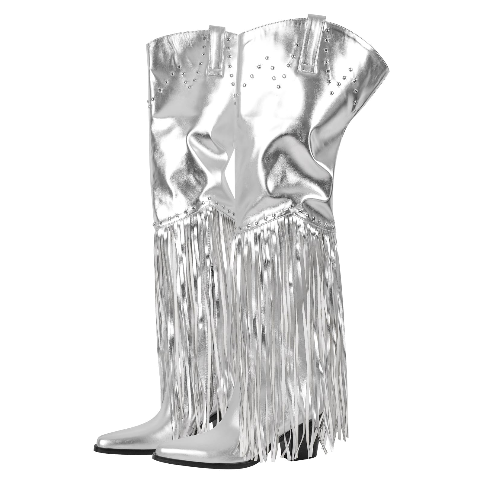 richealnini Western Thigh High Cowboy Boots with Fringe Over Knee Wide Calf Cowgirl Boots